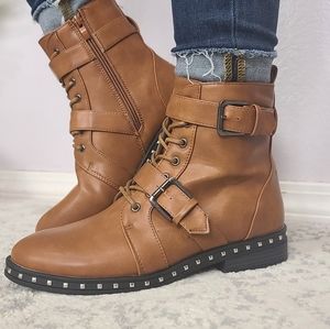 NEW Qupid Studded Lace-Up Boot - Camel